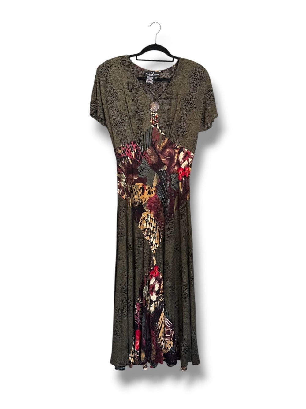 Vintage 90s Carole Little Wood Beaded Tropical Floral Animal Print Maxi Dress 10
